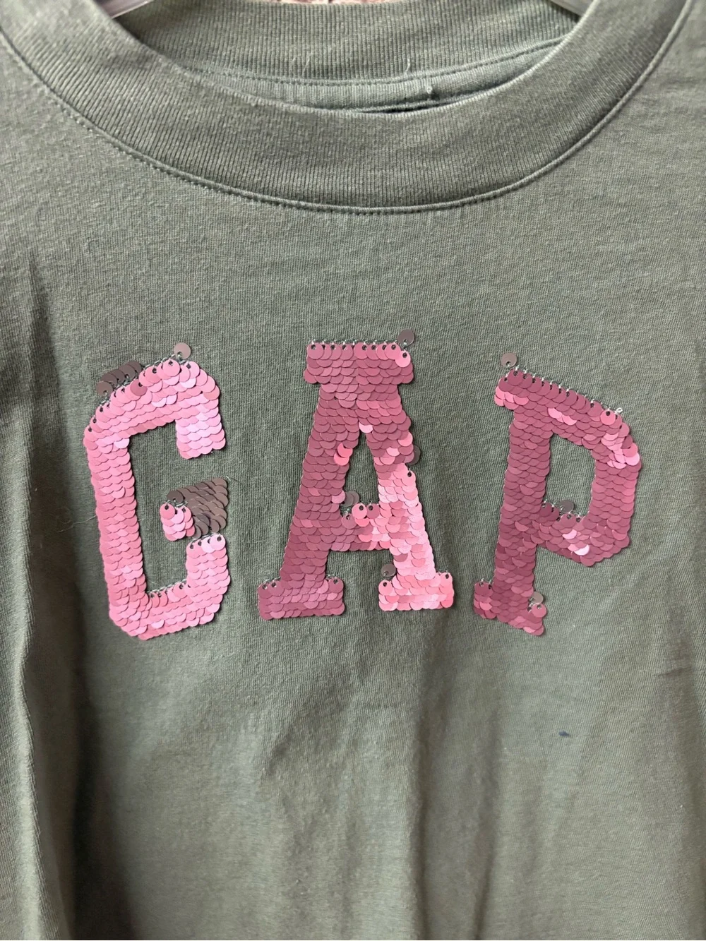 GAP Olive Green Long Sleeve Tee with Pink Sequin Logo